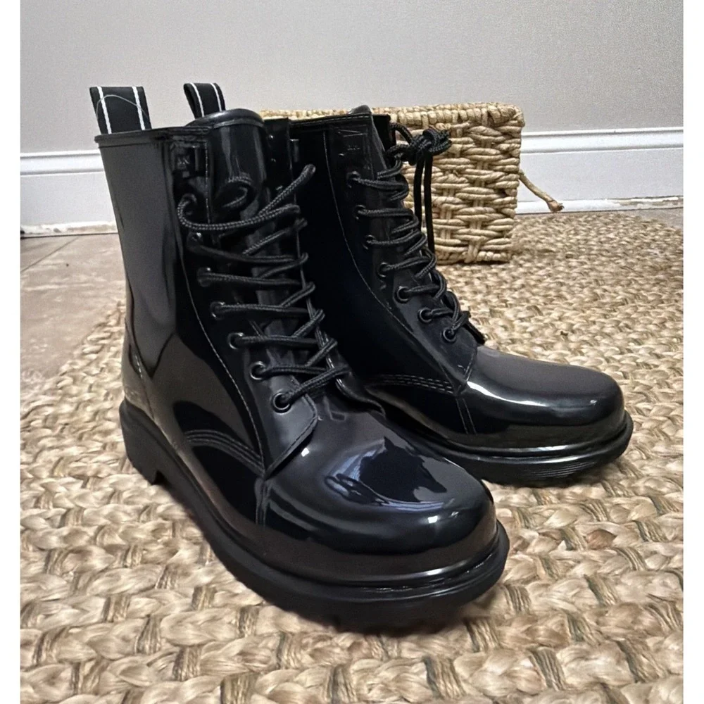 Michael Kors Tavie Rain Boots Black Patent Waterproof Combat Boots Womens‎ 7